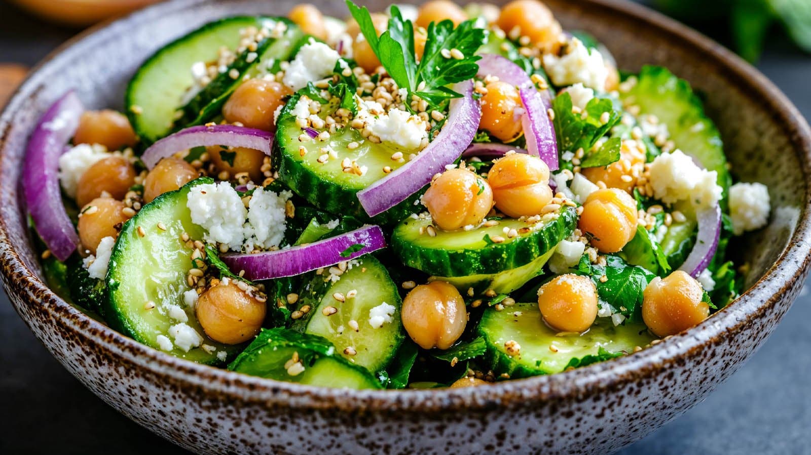 Ensalada fresca de pepino persa, garbanzos asados y feta
