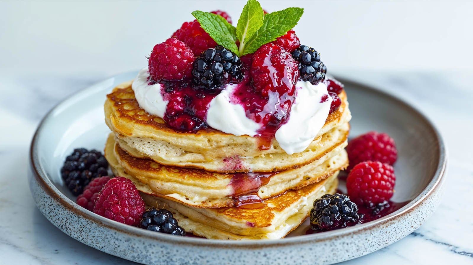 Hotcakes de Harina de Almendra, Yogurt Griego y Frutos Rojos